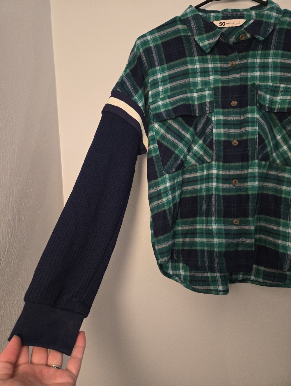 NWT Plaid Green & Blue Button-Up Shirt with Navy Flannel Sleeves, Size Juniors S - Picture 6 of 14